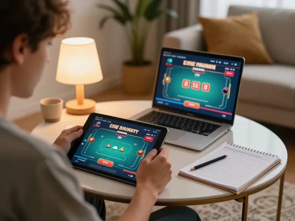 Engaging in LLWIN Download for online casino gaming on a tablet in a cozy home.