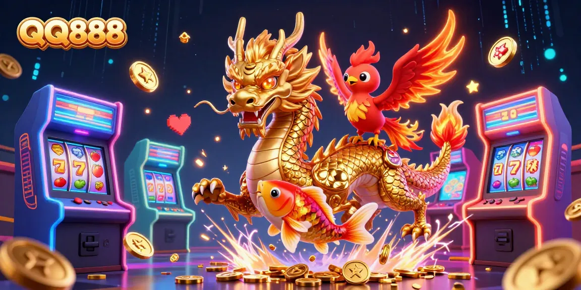 Engage in thrilling gaming adventures at QQ888 with a fierce dragon, phoenix, and koi amidst vibrant casino elements.