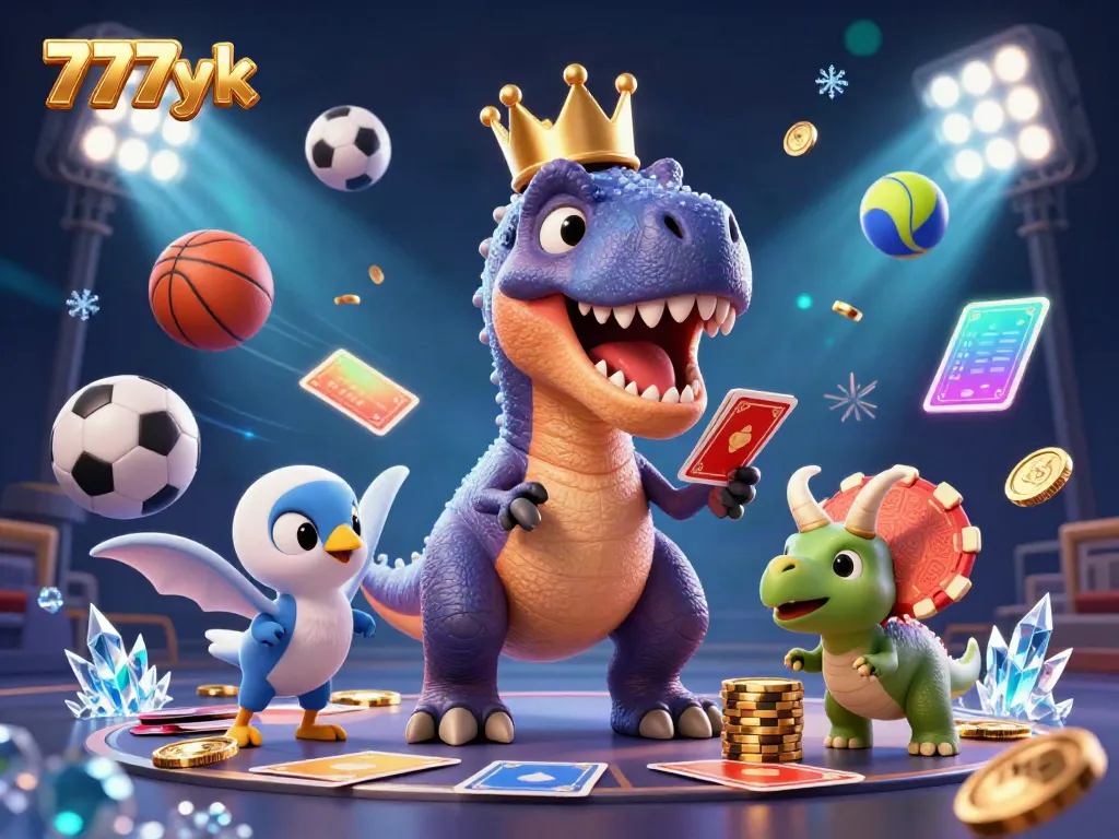 Engaging scene of 777yk featuring a T-Rex shuffling cards, a pterodactyl assistant, and a triceratops stacking chips.