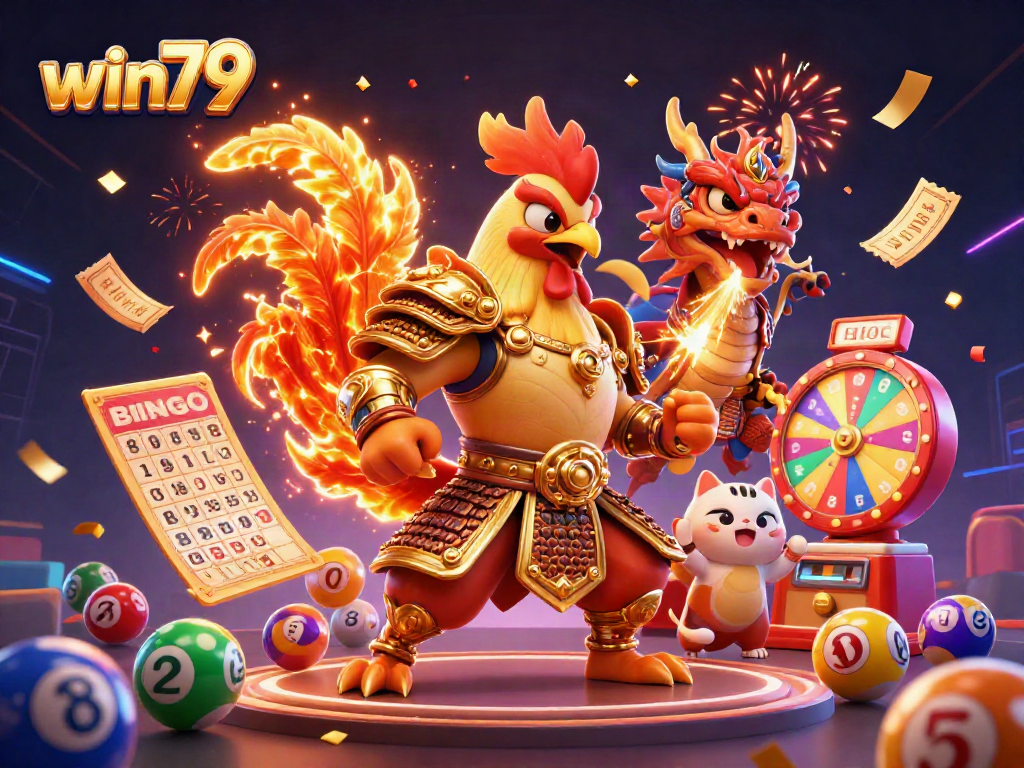 Win79 logo illustration with dynamic gaming elements featuring characters and lottery themes, optimized for a vibrant casino atmosphere.