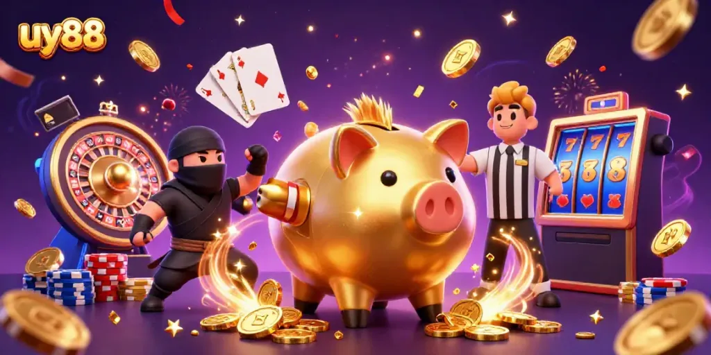 Experience the excitement of uy88 with a lively scene featuring a golden piggy bank sumo wrestler amidst coins and casino elements.