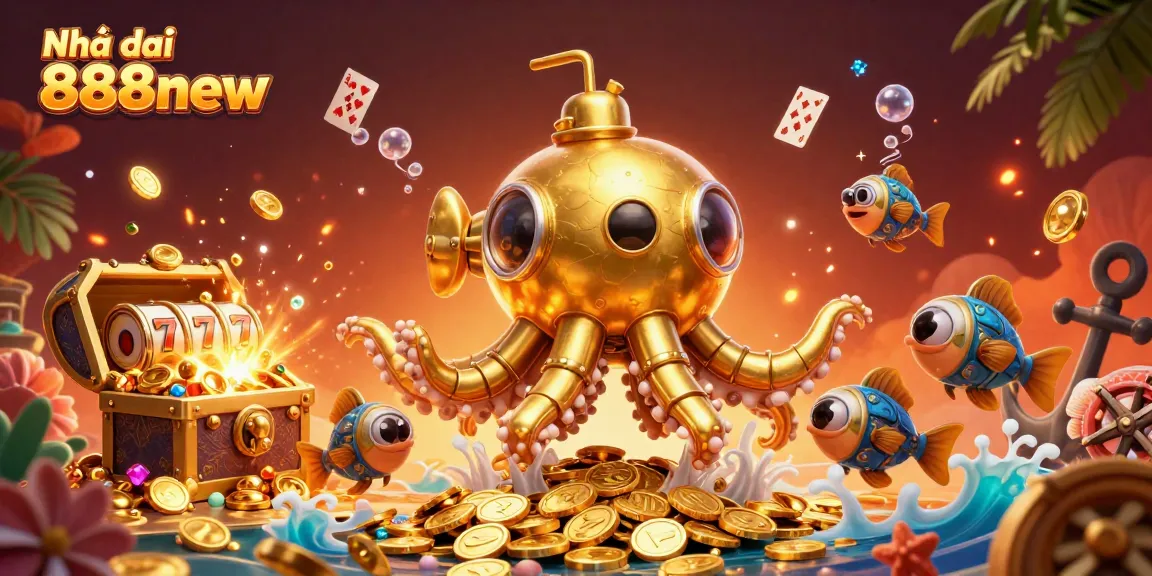 Experience thrilling games at Nhà cái 888new with golden kraken submarine and festive elements.