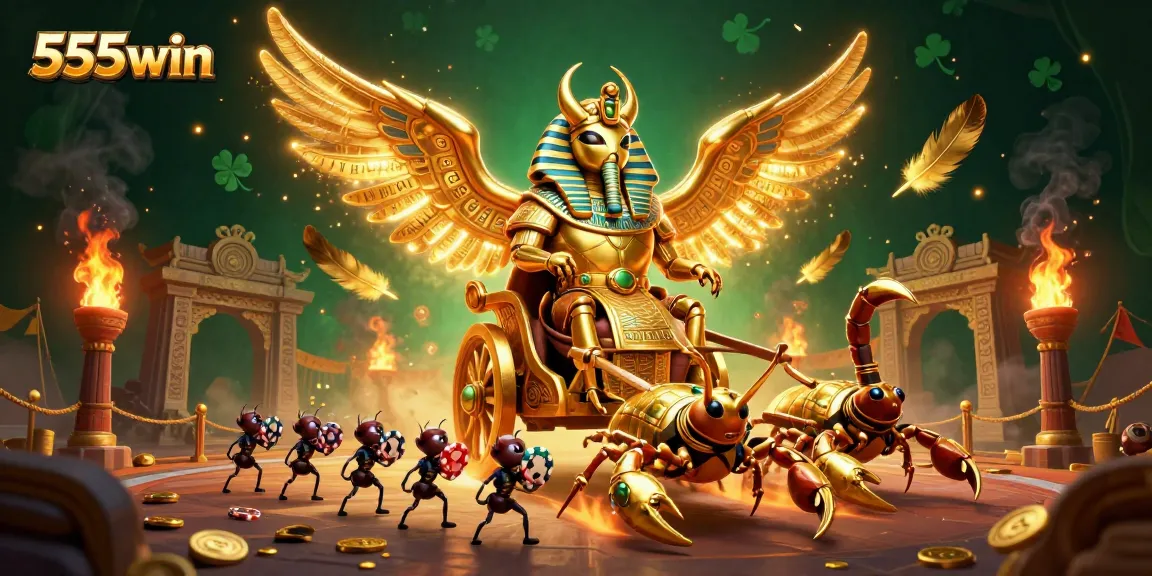 Experience thrilling wins at 555win with a colossal golden scarab beetle amid dramatic casino scenes.