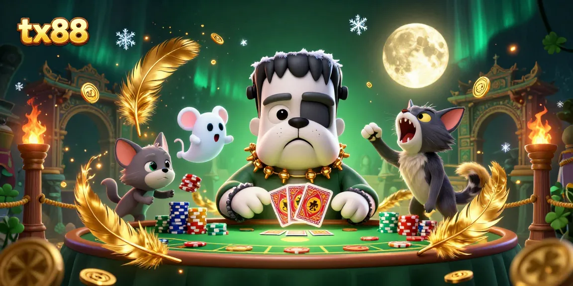 Experience the thrill of tx88 casino gaming with a spooky 3D illustration of a bulldog monster dealing cards.