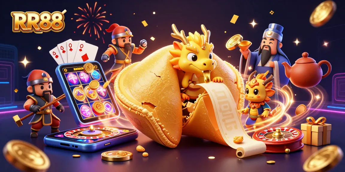 Experience the vibrant RR88 casino scene with a magical dragon, golden treasures, and dynamic slot games.