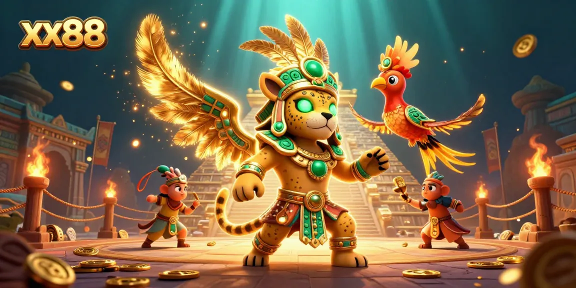 Experience the thrilling xx88 casino excitement with a vibrant illustration featuring a Mayan jaguar priest and quetzal bird.