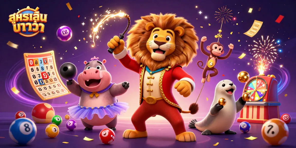 Engage with สูตรเล่นบาคาร่า strategies illustrated by a circus scene featuring dynamic characters and game elements.