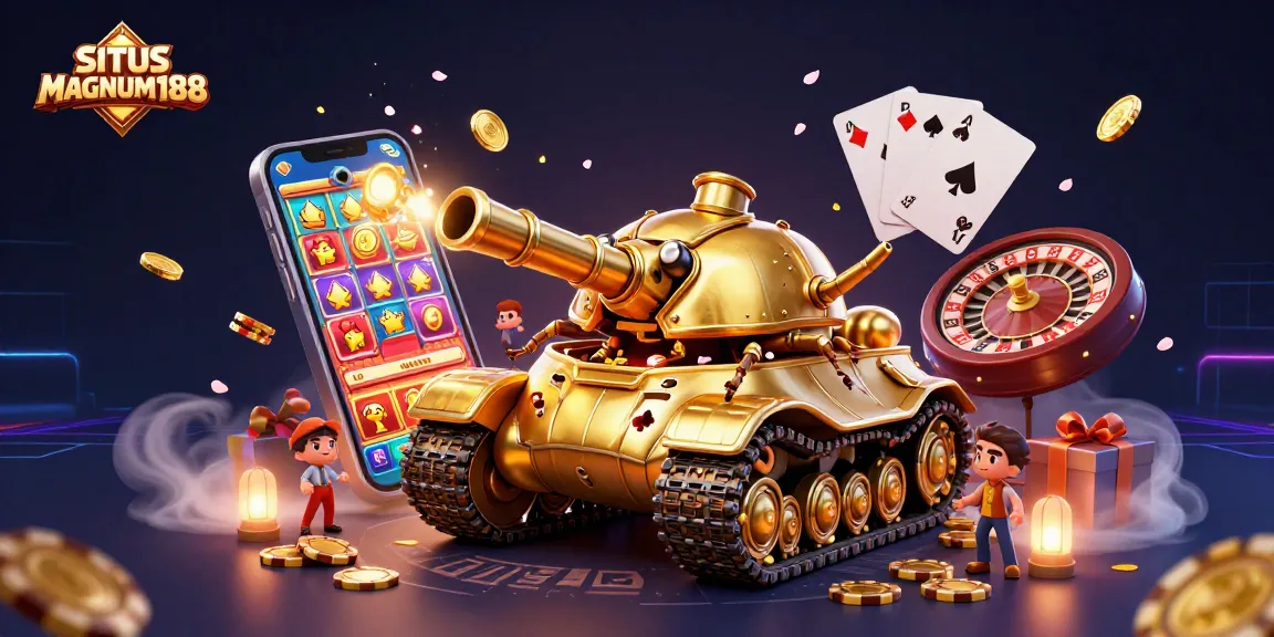 SITUS MAGNUM188 showcases a vibrant 3D illustration of a golden beetle tank revealing a mini casino, ideal for gamblers.