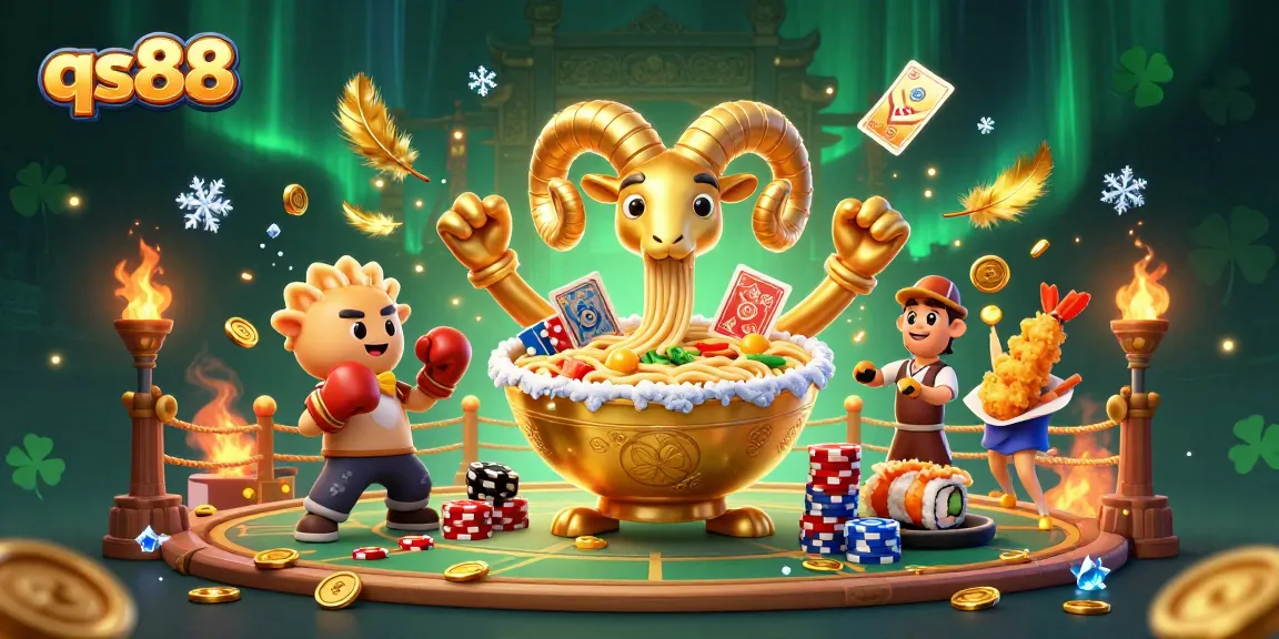 Engaging scene with qs88's golden ramen bowl and characters cheering in a dynamic casino arena.