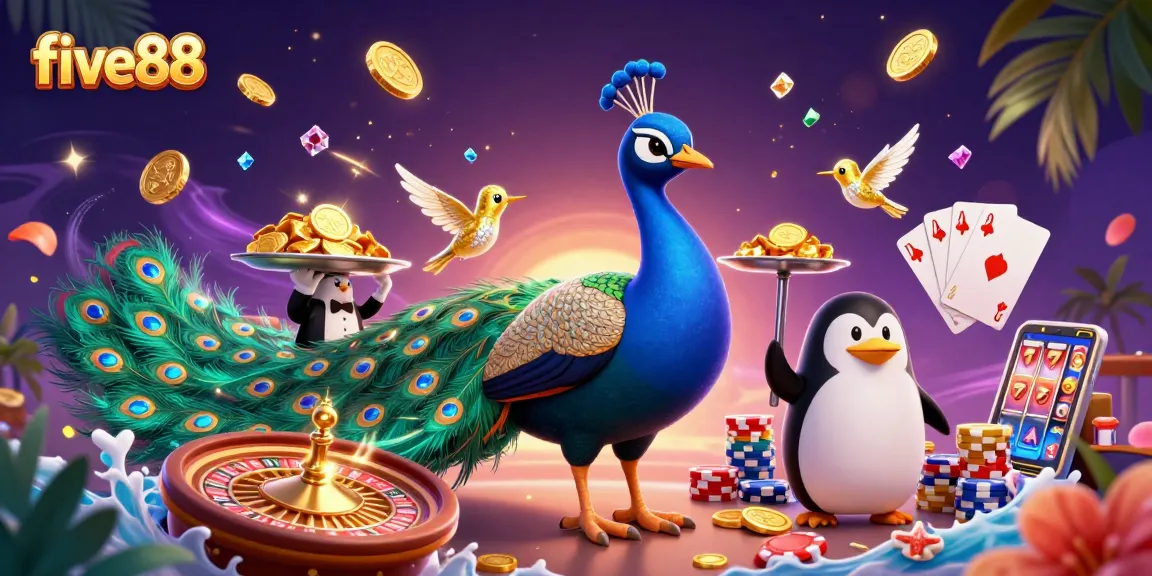 Feel the excitement of five88 casino as characters celebrate with a vibrant scene of winning chips and cards.