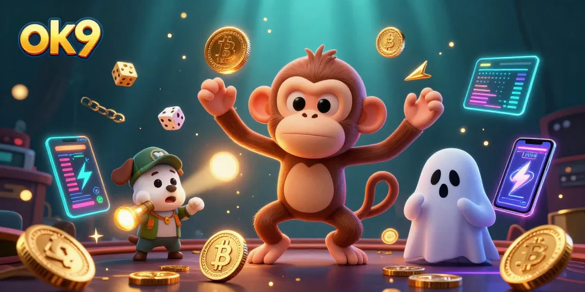Engage with ok9 in this vibrant casino scene showcasing golden rewards and playful characters.