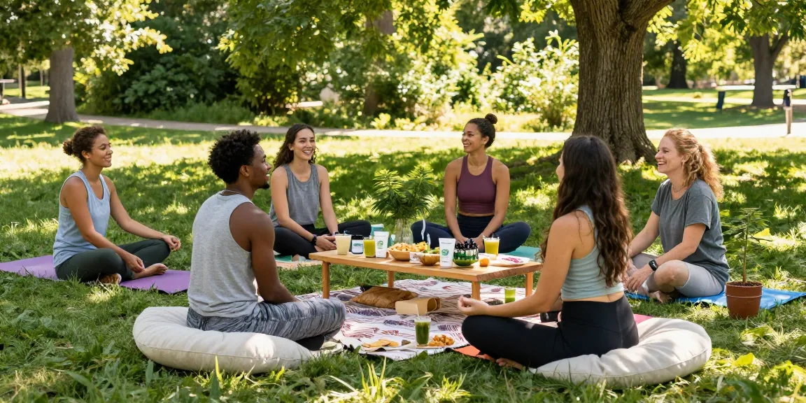 Discover premium CBD products from Ministry of Cannabis in a vibrant outdoor wellness scene, with friends enjoying relaxation and healthy living.