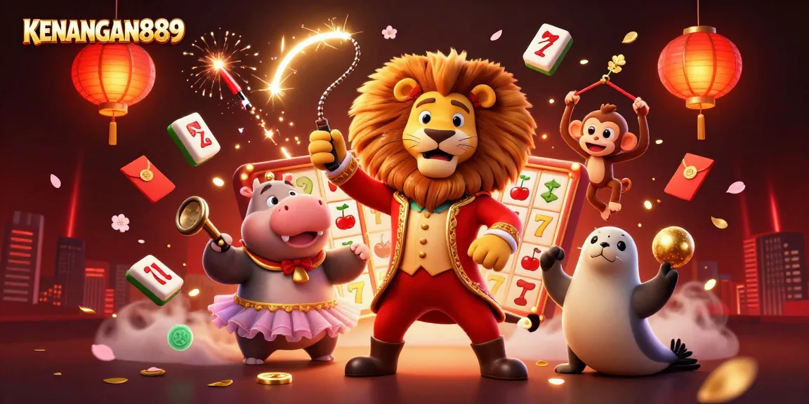 Play slot games with KENANGAN889 in this vibrant, engaging casino illustration featuring dynamic characters and festive elements.