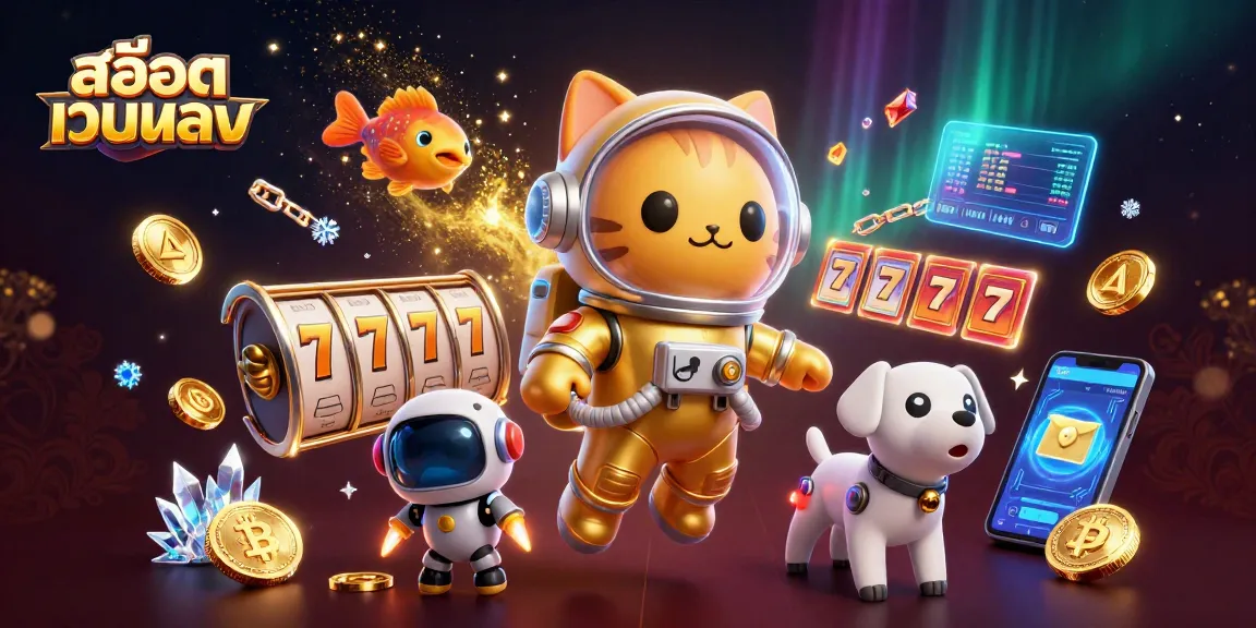 Engage with สล็อตเว็บตรง gaming vibes featuring lucky slot reels amidst vibrant cosmic characters.