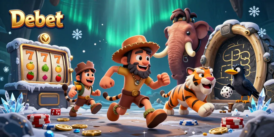 Experience Debet's thrilling prehistoric casino with cavemen and a sabertooth amidst dynamic jackpot action.