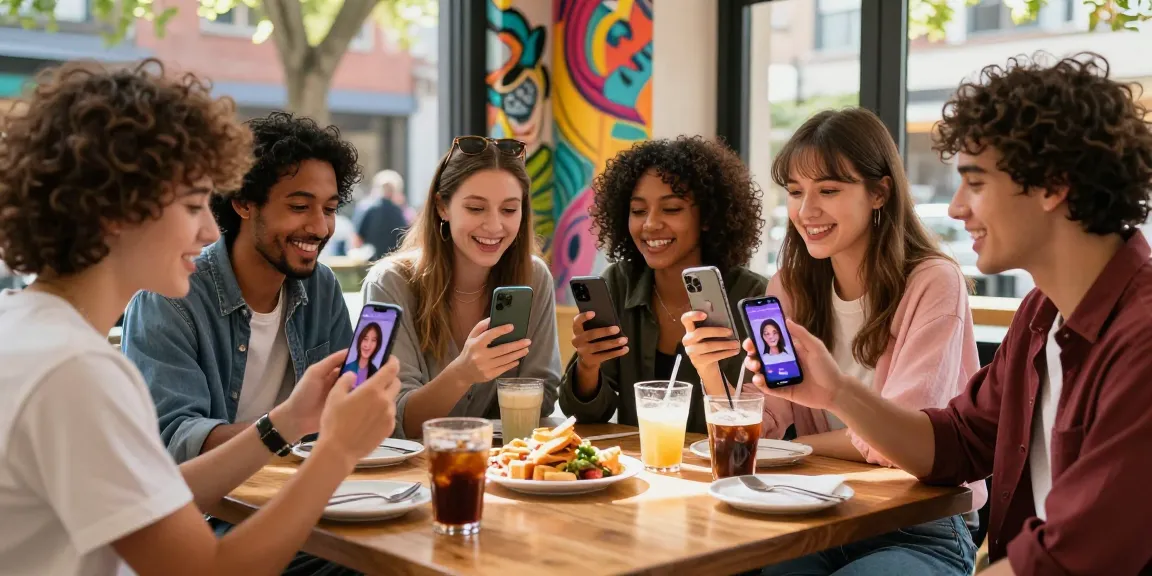 Friends at a café excitedly discovering celebs I look like through an AI app, enjoying their celebrity matches together.