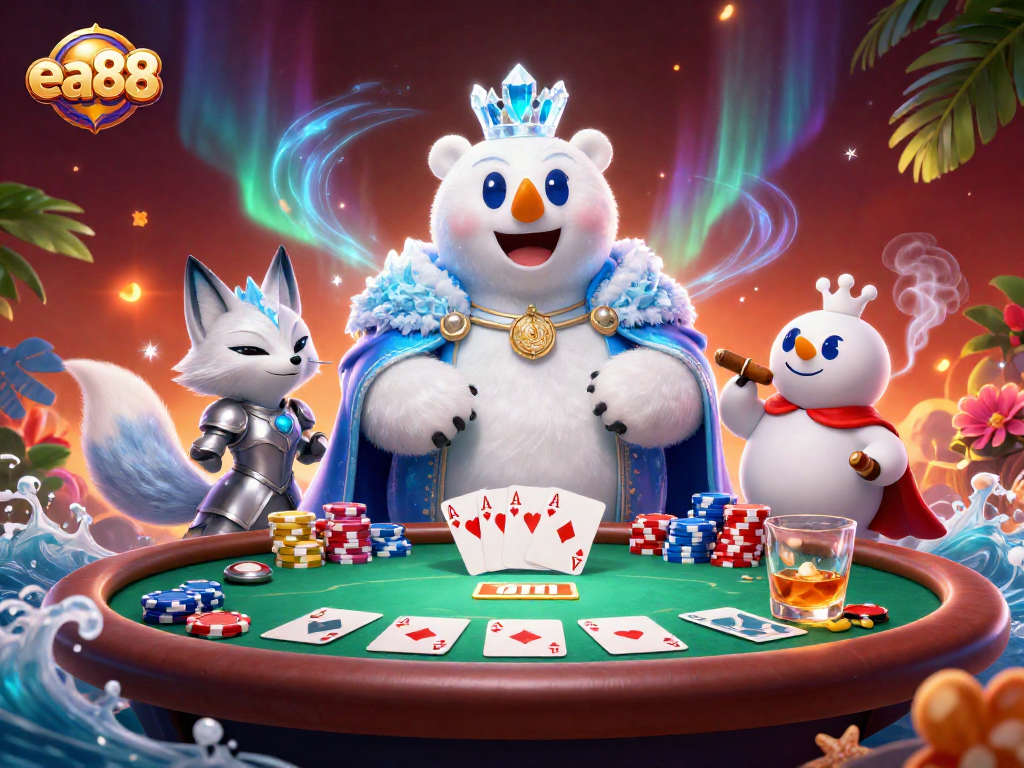 ea88 captivates players with a rich 3D casino scene featuring a polar bear king at a poker table.
