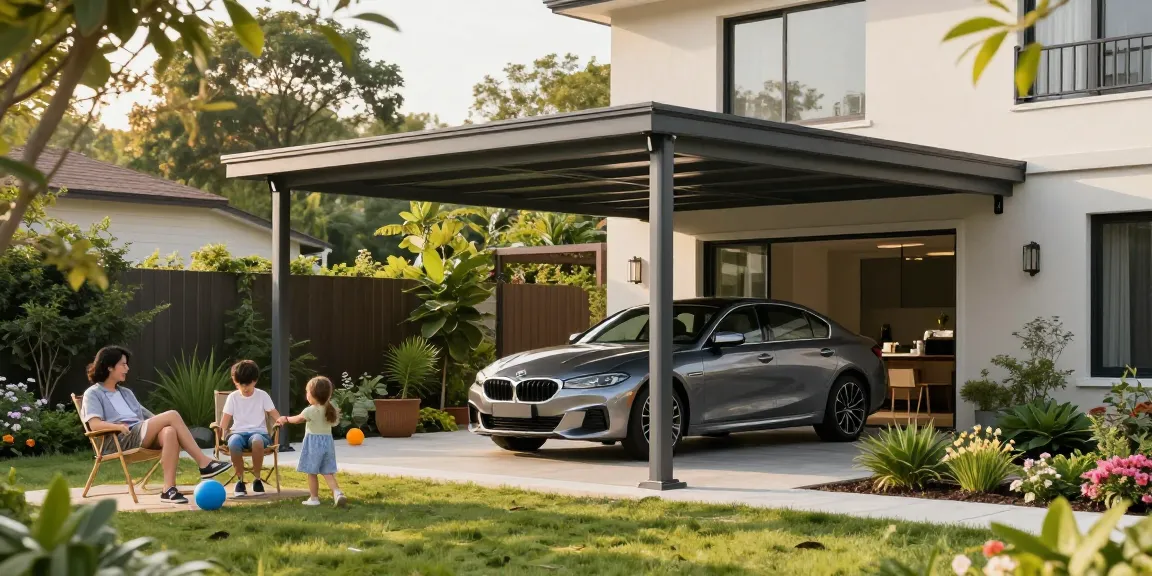 Moderne Carport Installation schützt Auto, umgeben von einer schönen Gartenlandschaft.