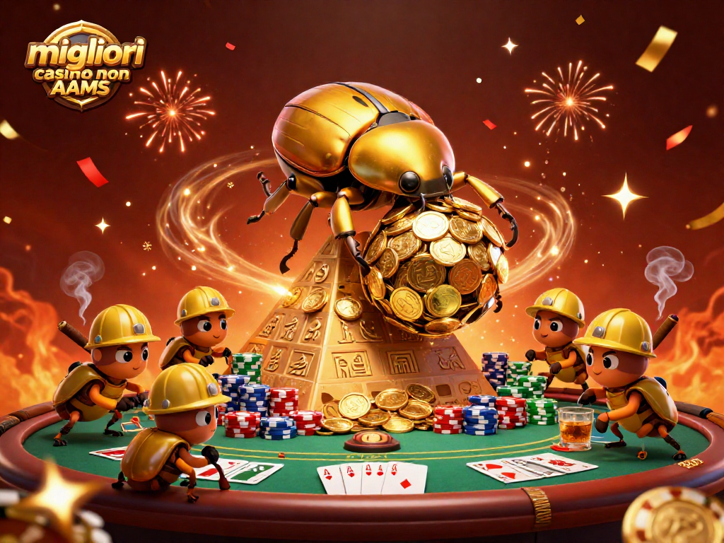 I migliori casino non AAMS presentano una scena vivace con uno scarabeo d'oro e simboli di gioco
