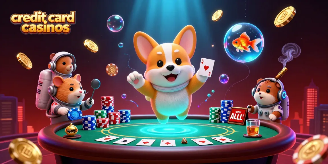Engage in thrilling gameplay at credit card casinos with floating poker chips, a space-themed atmosphere, and animated characters.