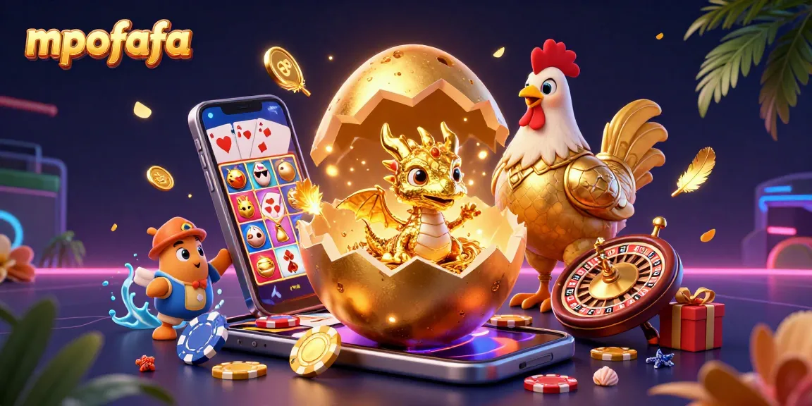 Experience excitement with mpofafa in a vibrant 3D illustration featuring a golden baby dragon among casino chips.