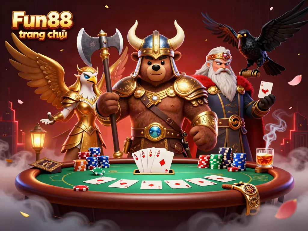 Experience epic gaming with Fun88 trang chủ featuring a Viking bear and Valkyrie amidst poker excitement.