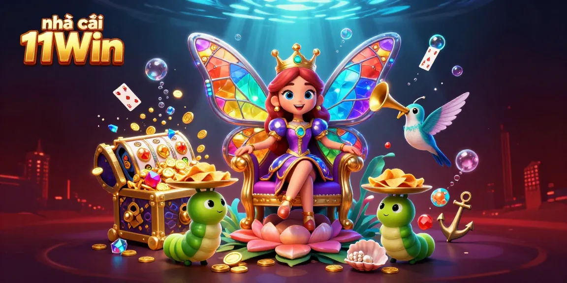 Experience the vibrant allure of Nhà cái 11Win through a colorful 3D casino scene filled with excitement.