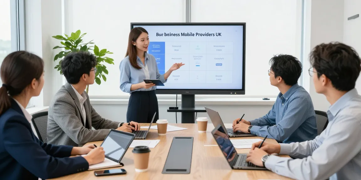 Team in a modern office discussing the best business mobile providers UK with laptops and documents.
