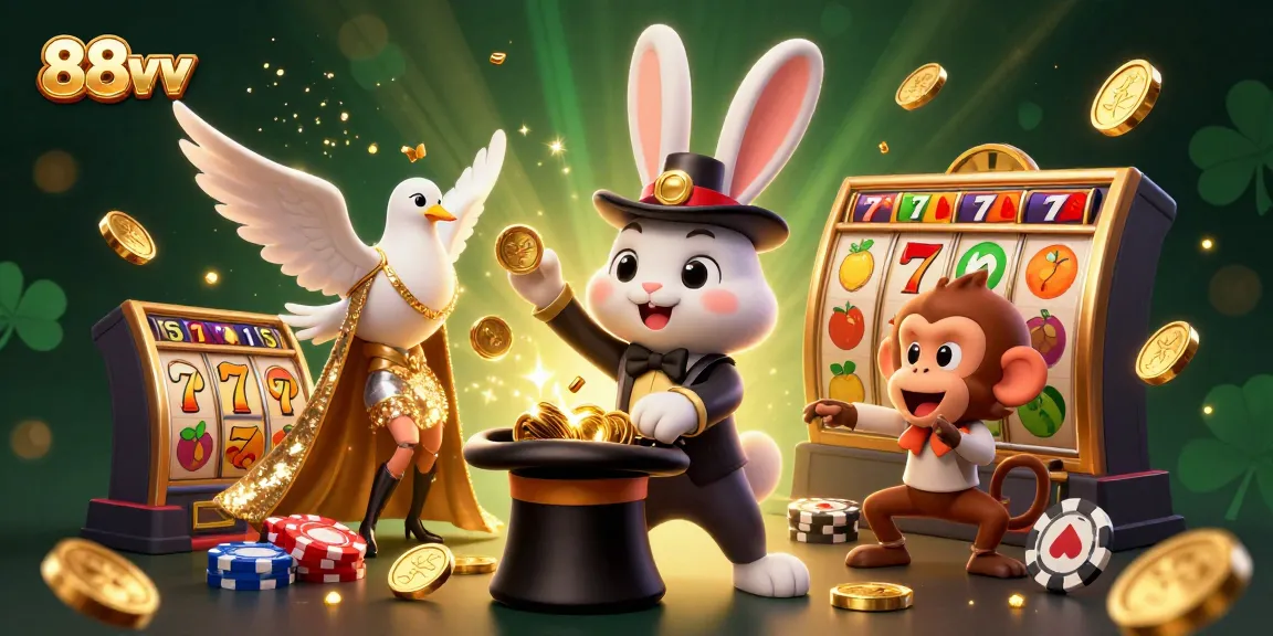 88vv showcases a lively casino scene with a magician rabbit and dynamic slot game elements.