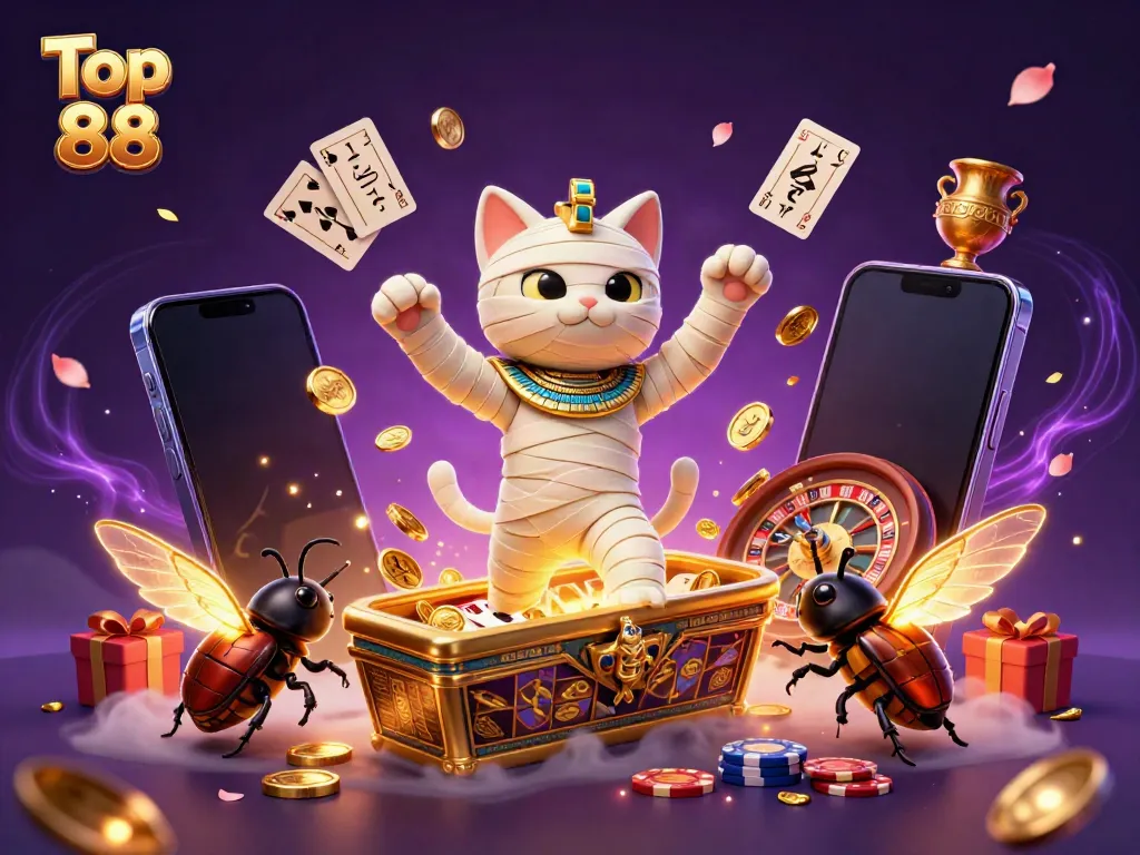 Experience Top 88 thrills with a 3D cartoon Egyptian mummy cat in an animated casino scene filled with vibrant games.