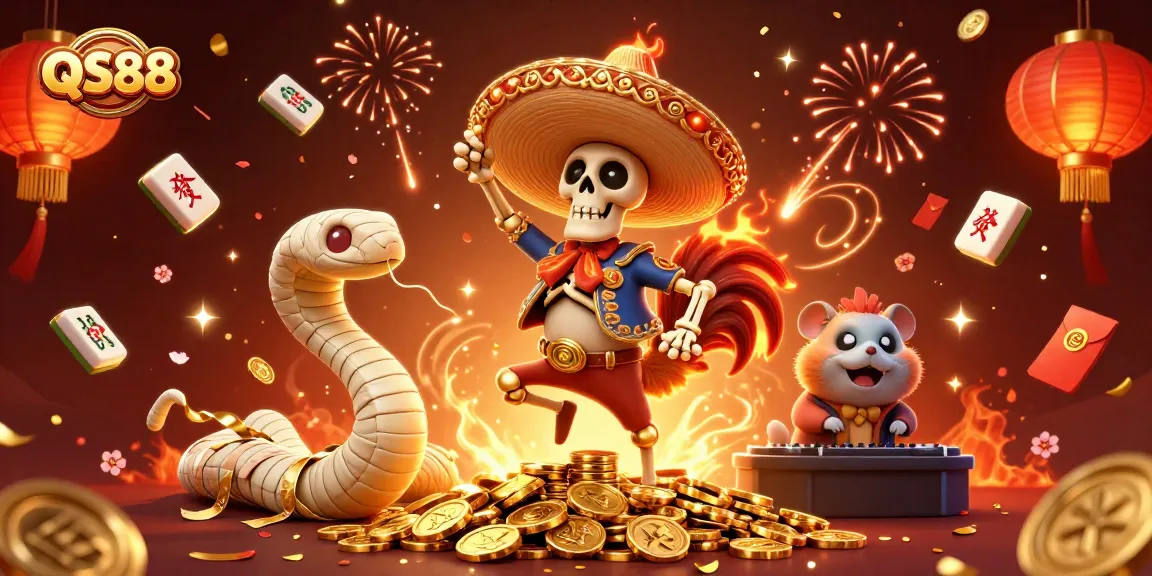 Experience the thrilling QS88 victory dance in a vibrant casino-themed illustration.