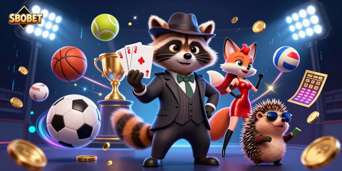 SBOBET betting scene featuring a raccoon, fox, and hedgehog with sports elements illustrating excitement in gaming.