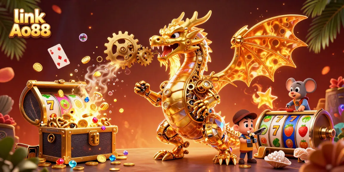 Experience excitement with link Ao88 framed by vibrant elements of gold, gems, and captivating slot games.