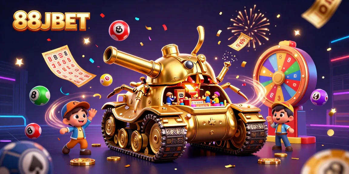 Engage with 88JBET's thrilling gaming scene inside a golden tank casino filled with vibrant lottery excitement.