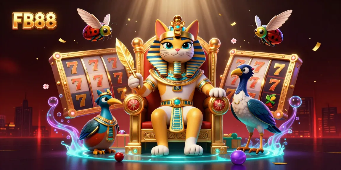 Spin the reels at FB88 with a vibrant cartoon scene featuring a pharaoh cat and exciting slot elements