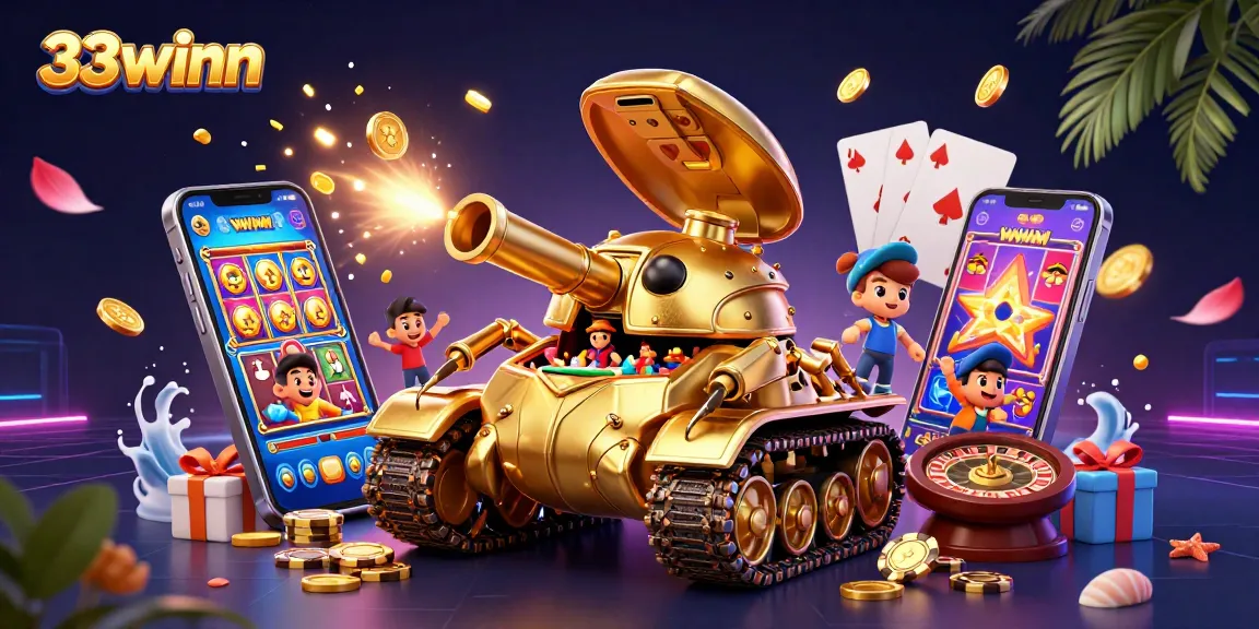 33winn showcases a vibrant 3D casino scene featuring a golden beetle tank and slot game excitement.