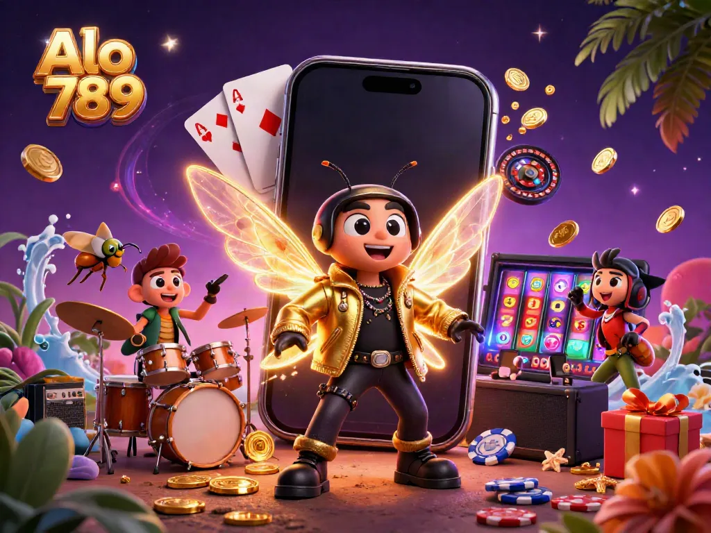Experience the vibrant world of Alo 789 with a rock star cicada and lively game elements in an energetic casino scene.