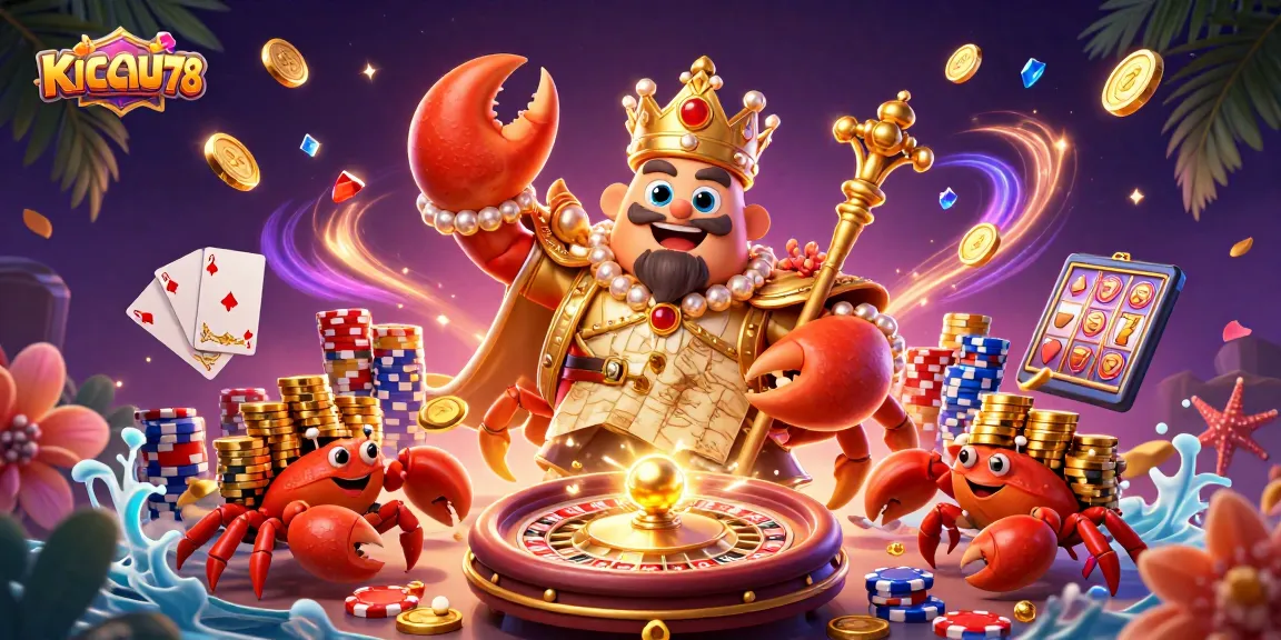 KICAU678 offers thrilling casino experiences with a vibrant illustration of a golden crab and play elements.