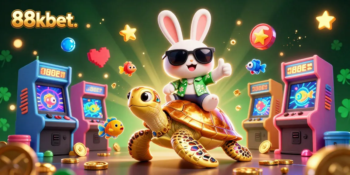 Experience the thrill with 88kbet. as a lucky rabbit enjoys a casino adventure on a turtle.