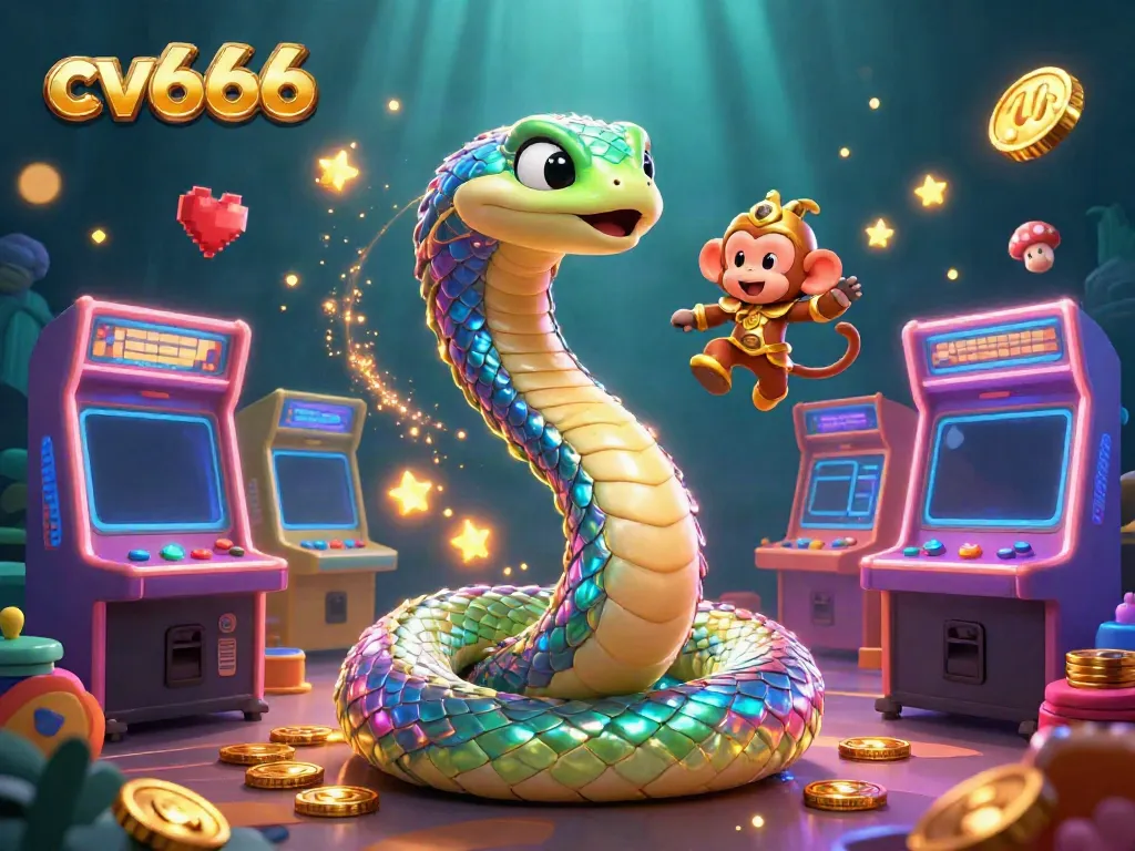 Experience excitement with cv666's vibrant gaming scene featuring a rainbow serpent and playful characters.