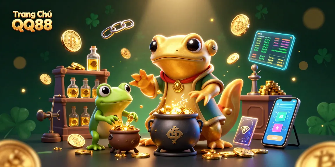 Play exciting games at Trang Chủ QQ88 with vibrant golden coins and characters in a rich casino illustration.