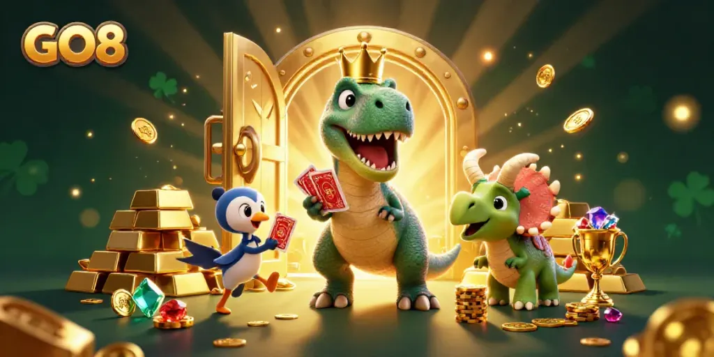 Experience GO8's thrilling casino adventure with a dinosaur theme, colorful gems, and treasures.