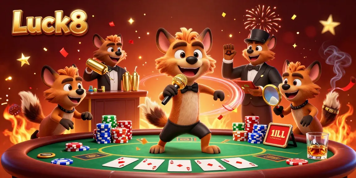 Engage with Luck8 in this vibrant casino scene featuring hyenas, poker dynamics, and celebratory elements.