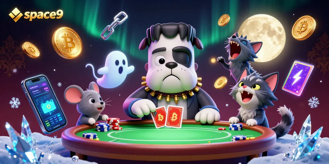 Engage in thrilling action at space9 with a haunted poker scene filled with mystical characters and crypto elements.
