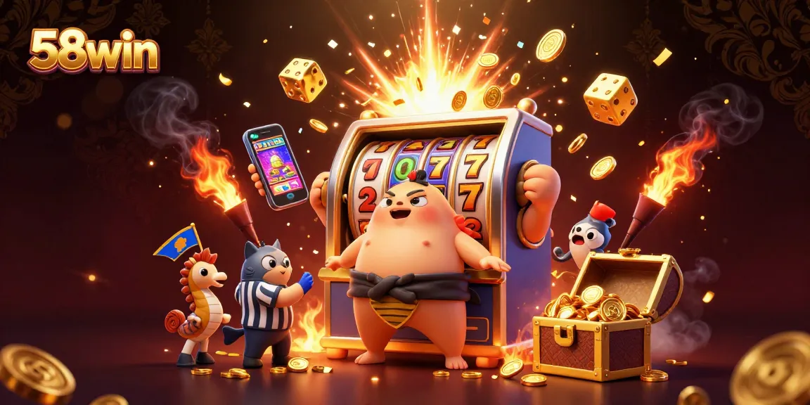Engage with 58win's casino excitement featuring a jackpot explosion and vibrant game elements.