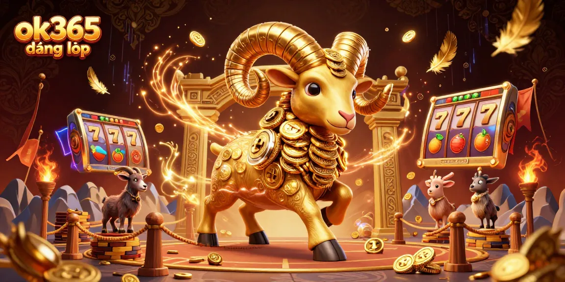 Engaging scene featuring the ok365 đăng nhập brand with a dynamic 3D golden ram amidst casino elements, showcasing fun and excitement.