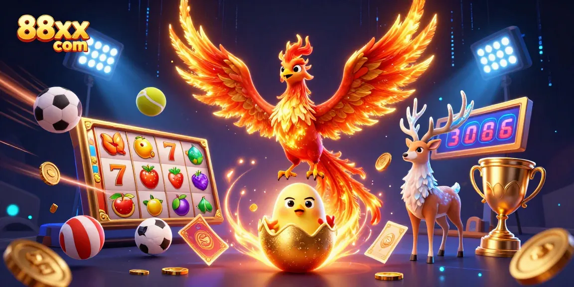 Engage in thrilling games at 88xx com with vibrant slot reels and captivating phoenix characters.