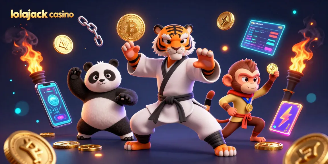 Experience the thrill of lolajack casino with characters in a lively gaming scene showcasing crypto and slot elements.