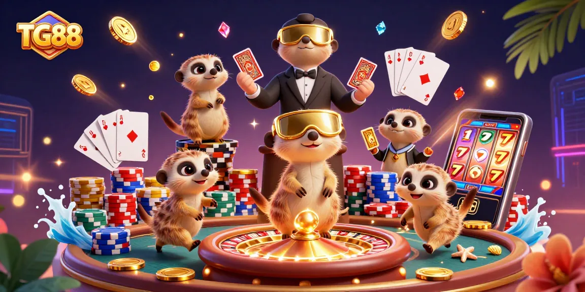 Experience TG88's interactive casino world with lively meerkats, shimmering coins, and exciting gameplay.