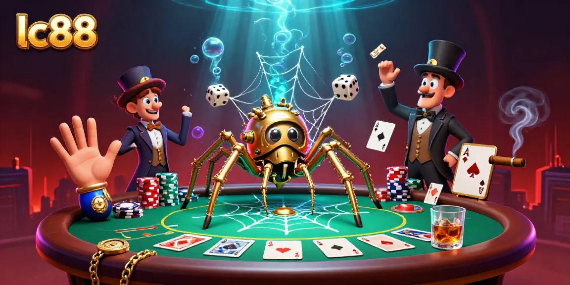 Engage with triumphant games at lc88, featuring a detailed steampunk spider catching dice, surrounded by vibrant casino elements.